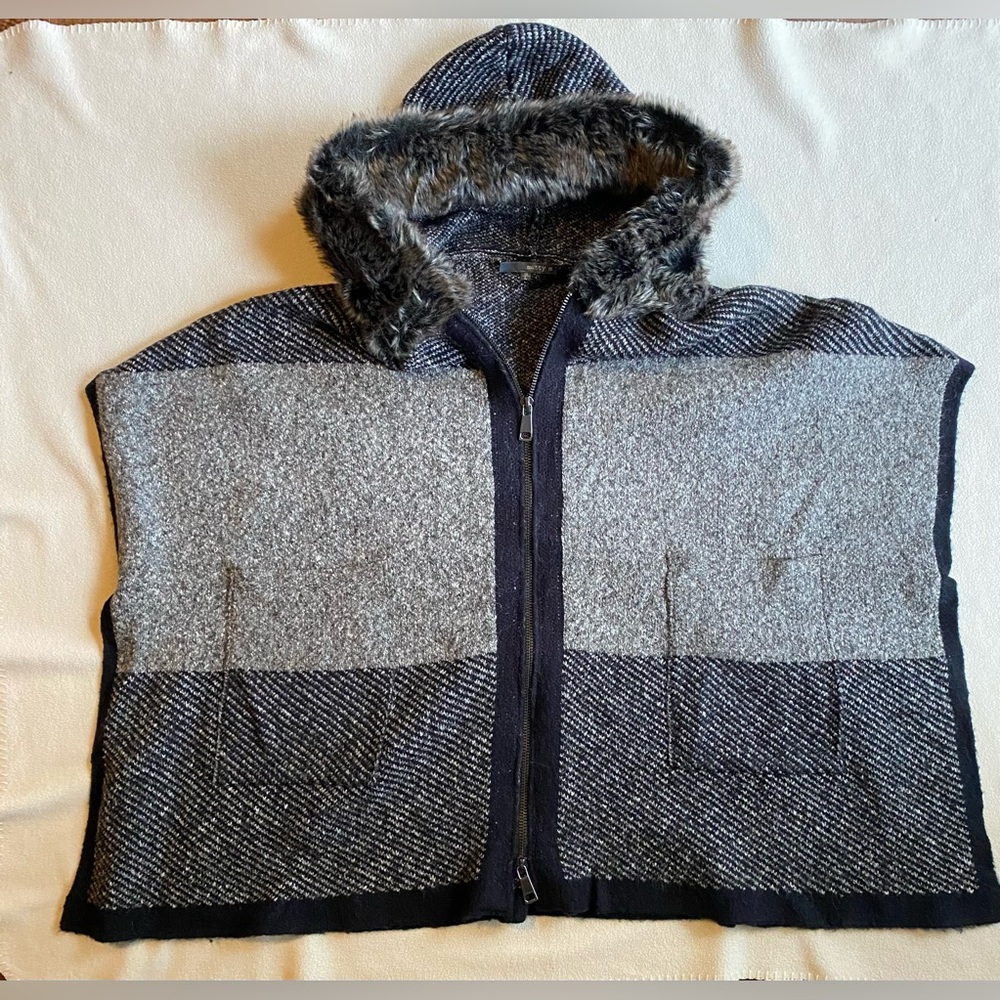 Gray and Black Hooded Poncho with Faux Fur Trim